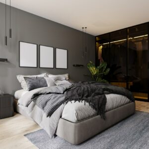 Tempat tidur modern tema grey